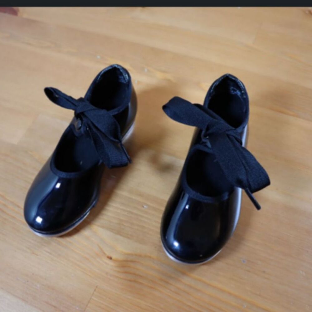 Capezio Tele Tone Kids Tap Shoes Black Ribbon Tie Dance Shoes Size 9M